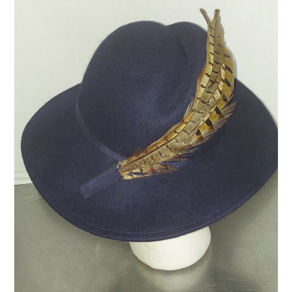 Vtg. Lancaster 100% Wool Ladies Modified Fedora Hat - Navy w/Pheasant Feather